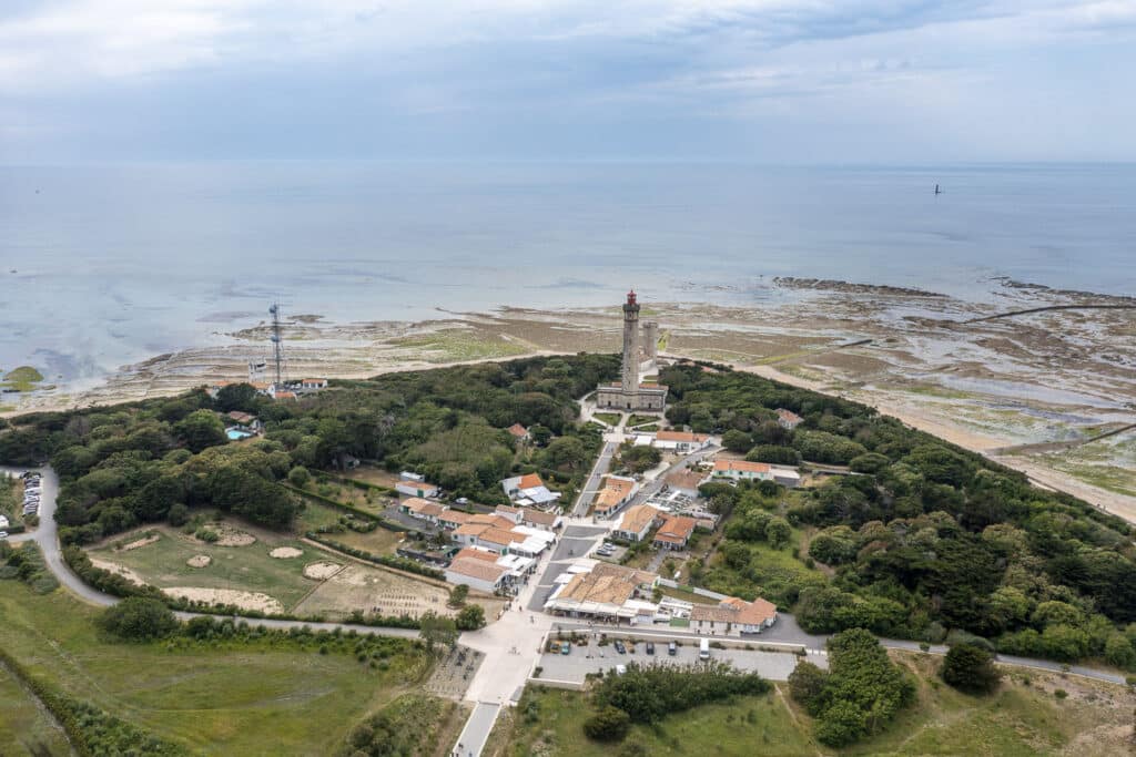 A lighthouse and the ocean as seen from the air, a lush green island.